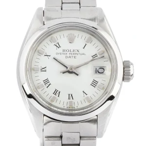 Reloj de señora rolex date acero con esfera blanca y números romanos.