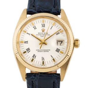 Reloj Rolex Date Unisex Automático en oro amarillo de 18kt con esfera clásica y correa de piel azul.