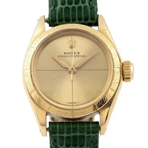 Reloj Señora Rolex 6801 con correa de piel verde y diseño clásico.