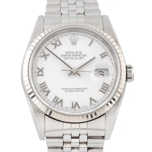 Reloj rolex unisex acero datejust, carátula blanca con números romanos y brazalete clásico, diseño icónico y sofisticado.