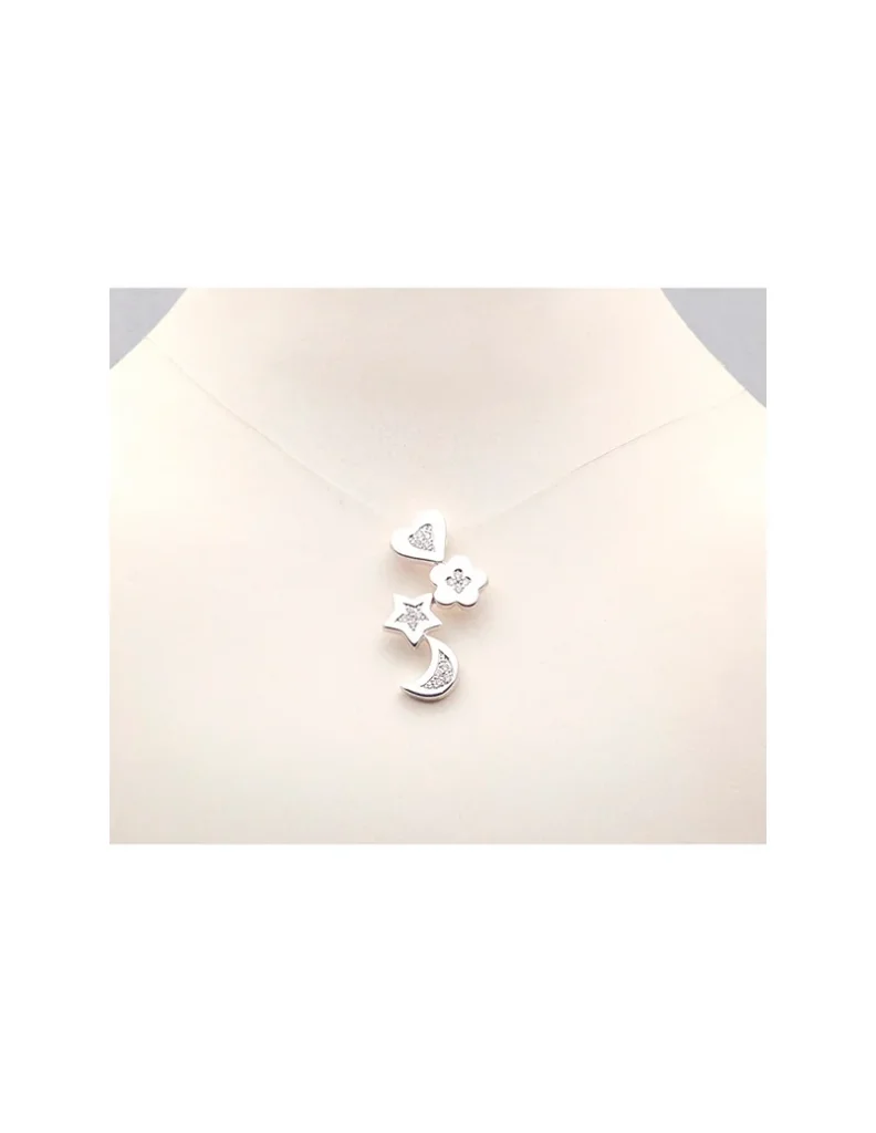 Colgante de oro blanco con diamantes diseños de luna, estrella, flor y corazón.