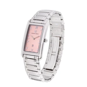 Reloj universal geneve unisex tank classic con caja rectangular de acero y carátula rosa, diseño elegante y refinado para un estilo único y sofisticado.