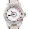 Reloj unisex Carrera y Carrera con caja de acero, detalles en diamantes y correa blanca con costuras rojas, diseño exclusivo y elegante.