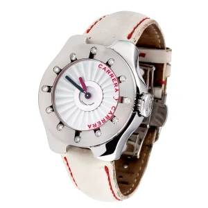 Reloj unisex Carrera y Carrera con caja de acero, detalles en diamantes y correa blanca con costuras rojas, diseño exclusivo y elegante.