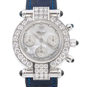 Reloj unisex Chopard Imperial con caja engastada en diamantes y correa de cuero azul, diseño exclusivo que combina lujo y precisión.