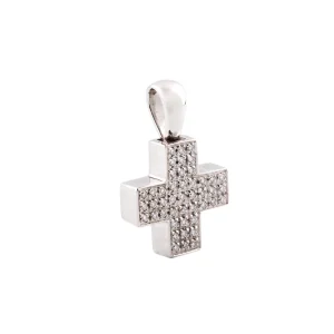 Cruz de oro blanco con diamantes en diseño elegante y sofisticado.