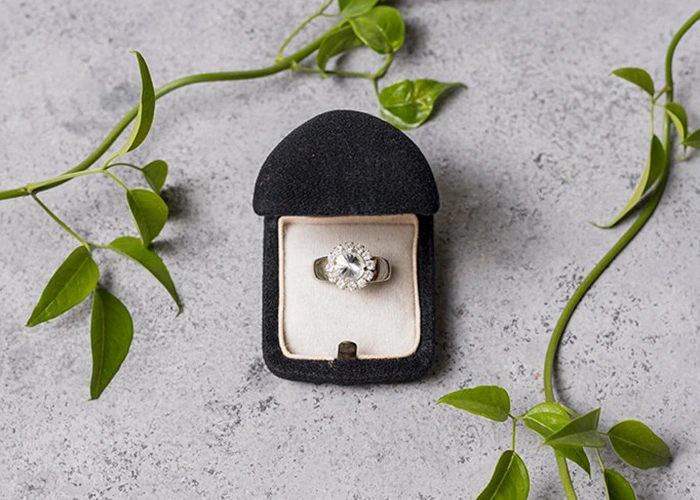 Anillo con piedra preciosa en estuche elegante sobre fondo gris con plantas - Las piedras más buscadas para los anillos de compromiso