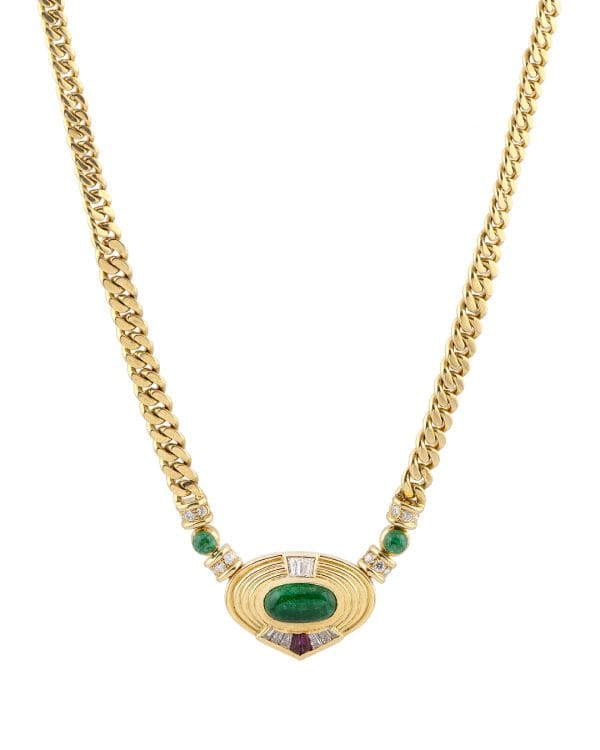 GARGANTILLA DE ORO AMARILLO CON DIAMANTES, ESMERALDAS Y RUBIES