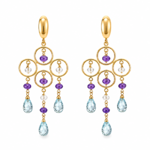 Pendientes Largos de Oro 18K con Aguamarinas y Amatistas