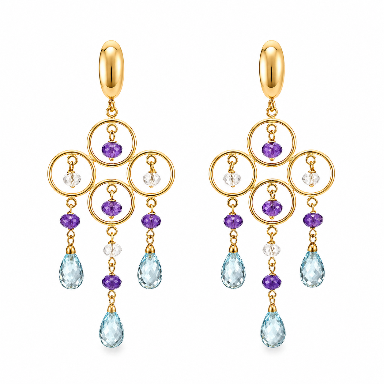 Pendientes Largos de Oro 18K con Aguamarinas y Amatistas Pendientes Largos de Oro 18K con Aguamarinas y Amatistas