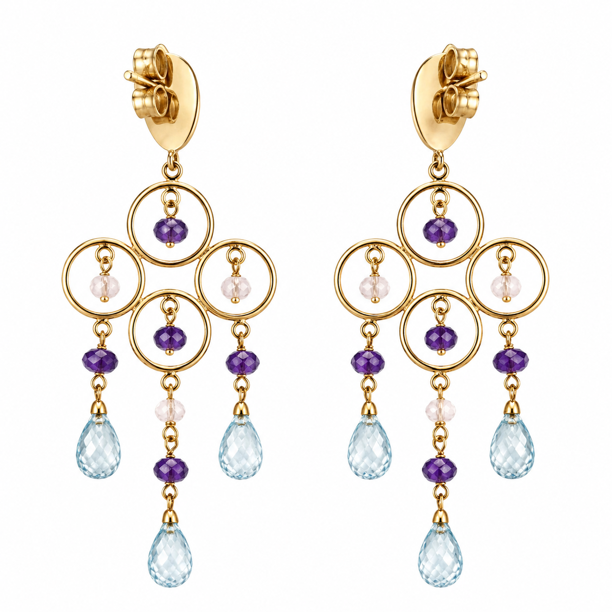 Pendientes Largos de Oro 18K con Aguamarinas y Amatistas Pendientes Largos de Oro 18K con Aguamarinas y Amatistas - Imagen 3