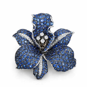 Broche Flor Zafiros y Diamantes Oro Blanco 18K